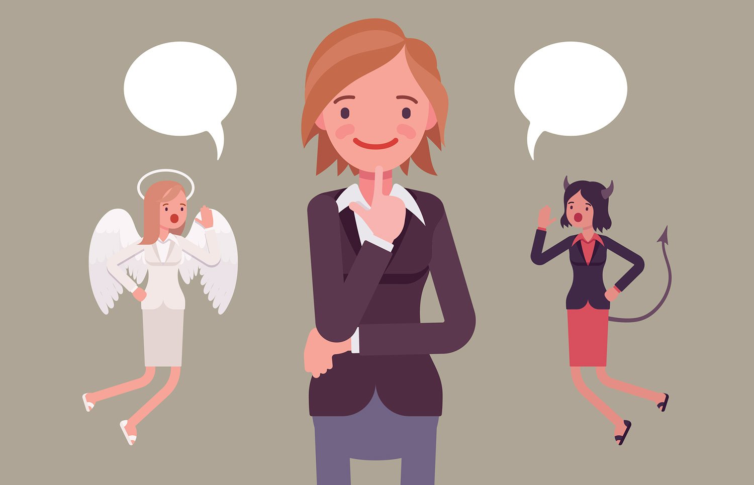 Vector image of a businesswoman making a decision with a devil on one side and an angel on the other
